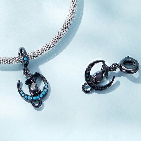 Black Plated Gold over Sterling Silver Black Cat on Turquoise Moon Dangl… - Picture 3 of 7